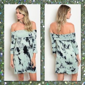Off the shoulder green and black tye dyed dress with long sleeves